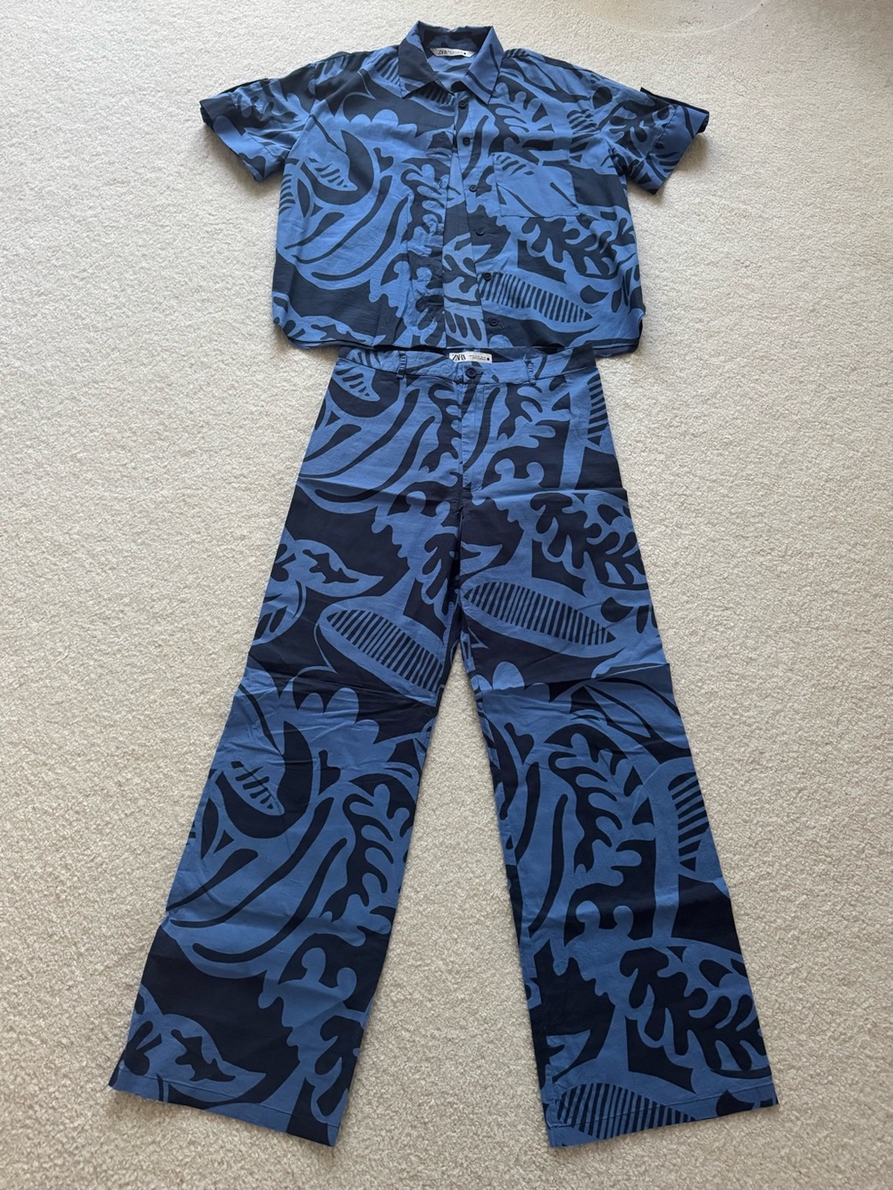 Zara Two Piece Set - Blue Print Cotton Shirt and Pants - size M